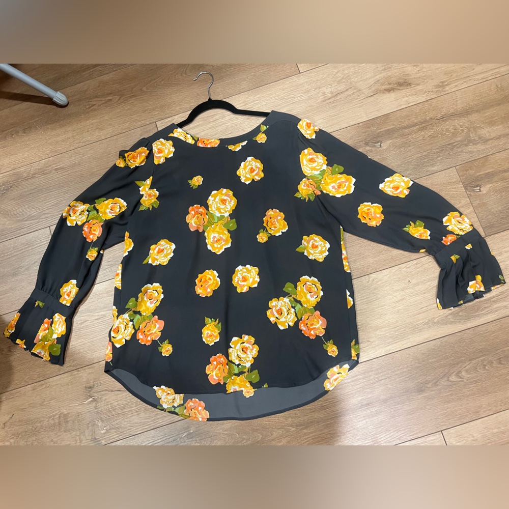 LOFT Black Blouse with Orange Floral Design